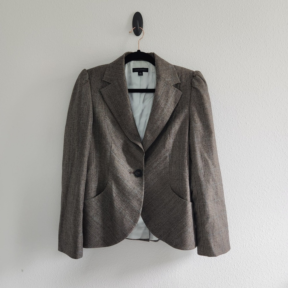Womens Brown 100% Wool Glen Plaid Puff Shoulder Blazer Jacket Size 8‎